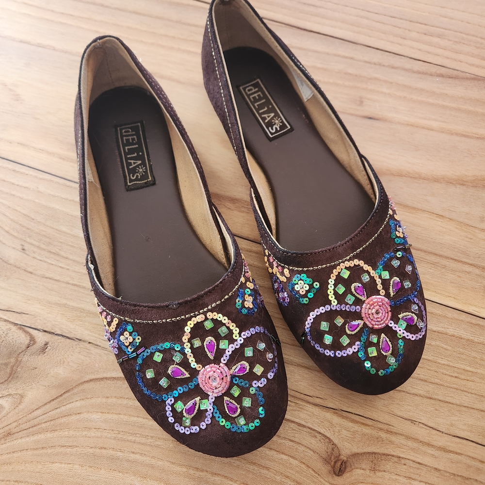 dELiA*s Women's Vintage Y2K Brown Suede Embellished Sequin Ballet Flats - 7